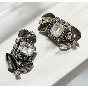 Hobe Earrings Clip On Antique Gold Leaf & Clear Rhinestones
